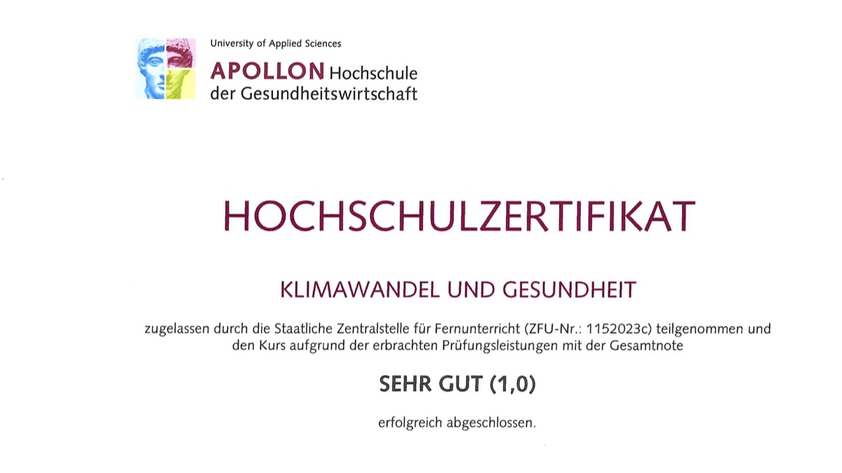 Ausschnitt aus Brinja Brehms Hochschulzertifikat der APOLLON Hochschule der Gesundheitswirtschaft: Klimawandel und Gesundheit, Gesamtnote sehr gut (1,0).