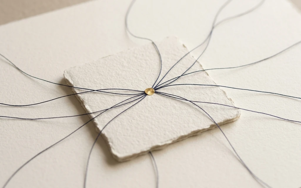 Ein Kärtchen aus geschöpftem Papier mit rauen Kanten liegt auf hellem Papier. Viele feine dunkelblaue Fäden laufen von allen Seiten herein und treffen sich auf einem kleinen goldenen Punkt in seiner Mitte.