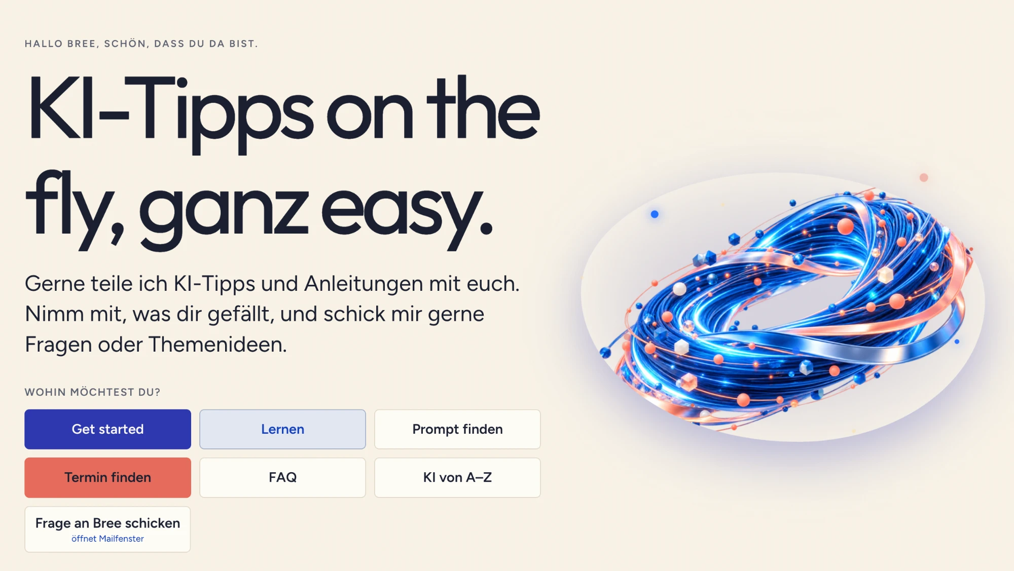 Startseite der App Breeasy: die Überschrift „KI-Tipps on the fly, ganz easy.“, darunter Knöpfe zu Get started, Lernen, Prompt finden, Termin finden, FAQ und KI von A–Z, rechts eine leuchtend blaue Lichtschleife.