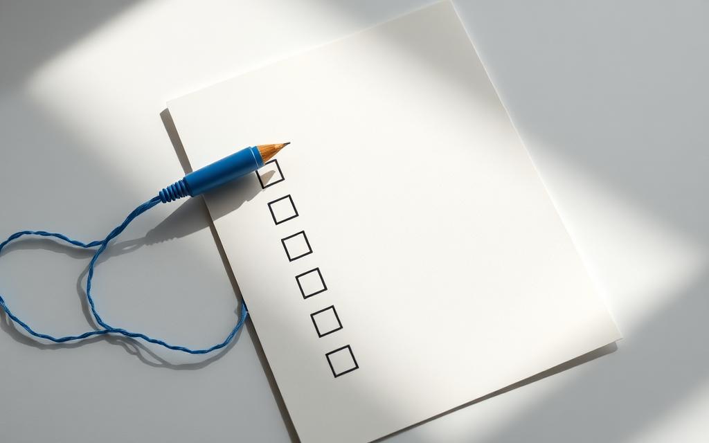 Ein Papier-Checkliste mit Kästchen, durch die ein blauer Faden wie ein Freigabe-Workflow verläuft.