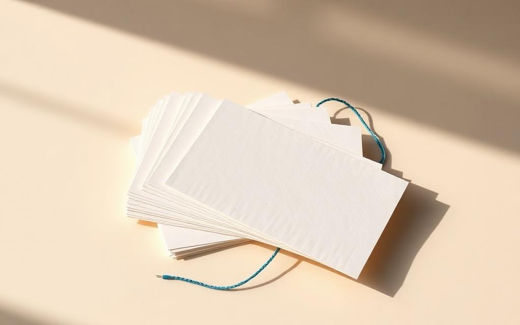Ein Fächer aus Papierkarten, die durch einen blauen Faden wie wiederverwendbare Bausteine verbunden sind.