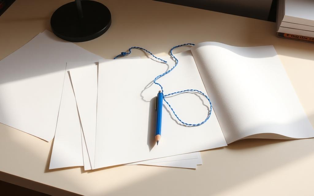 Papierbögen und ein Stift auf einem hellen Untergrund, verbunden durch einen blauen Faden wie verbundene Ideen.